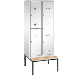 C+P CLASSIC Garderobenschrank mit untergebauter Sitzbank, doppelstöckig, 2 Abteile, je 2 Fächer, Abteilbreite 400 mm, verkehrsweiß