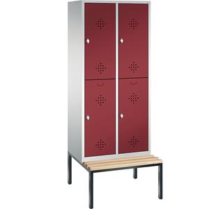 C+P CLASSIC Garderobenschrank mit untergebauter Sitzbank, doppelstöckig, 2 Abteile, je 2 Fächer, Abteilbreite 400 mm, lichtgrau / rubinrot