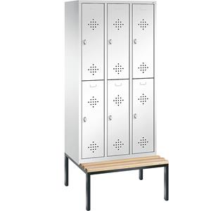 C+P CLASSIC Garderobenschrank mit untergebauter Sitzbank, doppelstöckig, 3 Abteile, je 2 Fächer, Abteilbreite 300 mm, verkehrsweiß