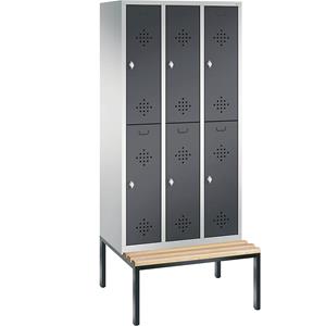 C+P CLASSIC Garderobenschrank mit untergebauter Sitzbank, doppelstöckig, 3 Abteile, je 2 Fächer, Abteilbreite 300 mm, lichtgrau / schwarzgrau