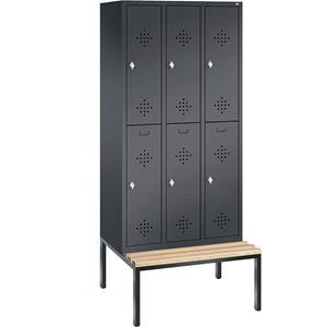 C+P CLASSIC Garderobenschrank mit untergebauter Sitzbank, doppelstöckig, 3 Abteile, je 2 Fächer, Abteilbreite 300 mm, schwarzgrau