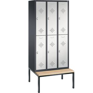 C+P CLASSIC Garderobenschrank mit untergebauter Sitzbank, doppelstöckig, 3 Abteile, je 2 Fächer, Abteilbreite 300 mm, schwarzgrau / lichtgrau