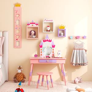 Costway Kindermake-Uptafel met Kruk 2-in-1 Kindermake-Uptafelset van Hout met Spiegel Lade (Roze)
