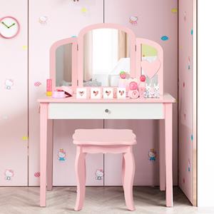 Costway Kinderen Kaptafel en Stoel Set Meisjes Kaptafel Set Stijlvolle Prinses Make-up Tafel en Kruk Roze