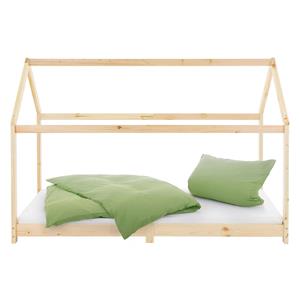 ML-DESIGN Kinderbett Hausbett mit Dach und Lattenrost aus massivem Kiefernholz, Bett 90x200cm Natur + Matratze 16cm Spielbett aus Kiefernholz