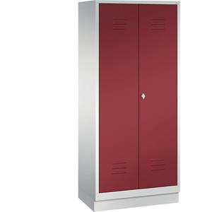 C+P CLASSIC Aufbewahrungsschrank mit Sockel, zueinander schlagende Türen, 2 Abteile, Abteilbreite 400 mm, lichtgrau / rubinrot