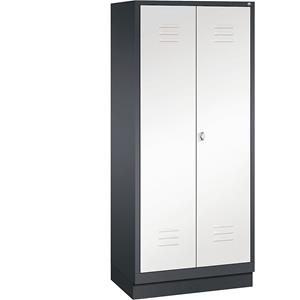 C+P CLASSIC Aufbewahrungsschrank mit Sockel, zueinander schlagende Türen, 2 Abteile, Abteilbreite 400 mm, schwarzgrau / verkehrsweiß