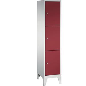 C+P CLASSIC Fächerschrank mit Füßen, 1 Abteil, 3 Fächer, Abteilbreite 400 mm, lichtgrau / rubinrot