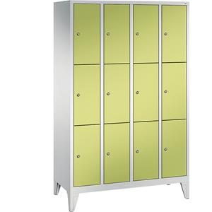 C+P CLASSIC Fächerschrank mit Füßen, 4 Abteile, je 3 Fächer, Abteilbreite 300 mm, lichtgrau / viridingrün