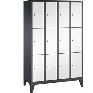 C+P CLASSIC Fächerschrank mit Füßen, 4 Abteile, je 3 Fächer, Abteilbreite 300 mm, schwarzgrau / verkehrsweiß