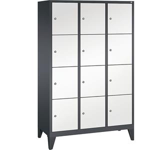 C+P CLASSIC Fächerschrank mit Füßen, 3 Abteile, je 4 Fächer, Abteilbreite 400 mm, schwarzgrau / verkehrsweiß