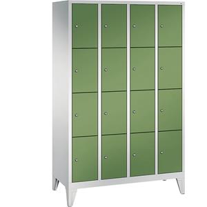 C+P CLASSIC Fächerschrank mit Füßen, 4 Abteile, je 4 Fächer, Abteilbreite 300 mm, lichtgrau / resedagrün
