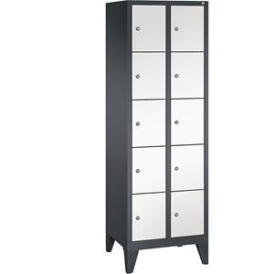 C+P CLASSIC Fächerschrank mit Füßen, 2 Abteile, je 5 Fächer, Abteilbreite 300 mm, schwarzgrau / verkehrsweiß