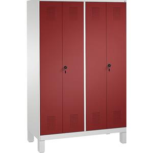 C+P EVOLO Garderobenschrank, zueinander schlagende Türen, 4 Abteile, Abteilbreite 300 mm, mit Füßen, lichtgrau / rubinrot