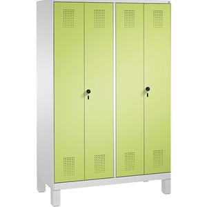 C+P EVOLO Garderobenschrank, zueinander schlagende Türen, 4 Abteile, Abteilbreite 300 mm, mit Füßen, lichtgrau / viridingrün