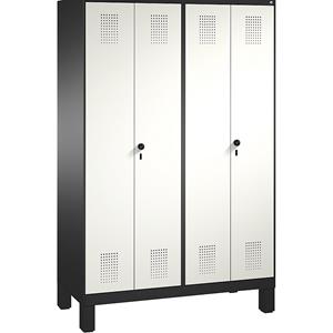 C+P EVOLO Garderobenschrank, zueinander schlagende Türen, 4 Abteile, Abteilbreite 300 mm, mit Füßen, schwarzgrau / verkehrsweiß