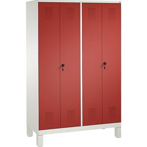C+P EVOLO Garderobenschrank, zueinander schlagende Türen, 4 Abteile, Abteilbreite 300 mm, mit Füßen, verkehrsweiß / feuerrot