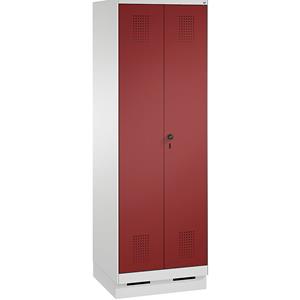 C+P EVOLO Garderobenschrank, zueinander schlagende Türen, 2 Abteile, Abteilbreite 300 mm, mit Sockel, lichtgrau / rubinrot
