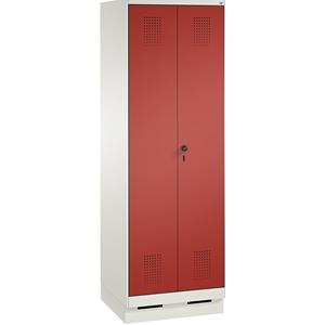 C+P EVOLO Garderobenschrank, zueinander schlagende Türen, 2 Abteile, Abteilbreite 300 mm, mit Sockel, verkehrsweiß / feuerrot