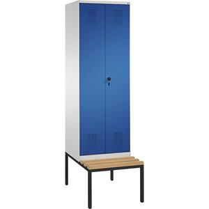 C+P EVOLO Garderobenschrank, zueinander schlagende Türen, mit Sitzbank, 2 Abteile, Abteilbreite 300 mm, lichtgrau / enzianblau
