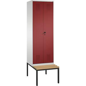 C+P EVOLO Garderobenschrank, zueinander schlagende Türen, mit Sitzbank, 2 Abteile, Abteilbreite 300 mm, lichtgrau / rubinrot