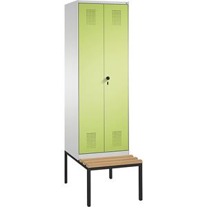 C+P EVOLO Garderobenschrank, zueinander schlagende Türen, mit Sitzbank, 2 Abteile, Abteilbreite 300 mm, lichtgrau / viridingrün