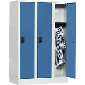 Schoollocker, compartimentbreedte 300 mm, veiligheidscilinderslot, 3 compartimenten, lichtgrijs/briljantblauw