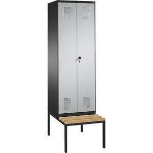 C+P EVOLO Garderobenschrank, zueinander schlagende Türen, mit Sitzbank, 2 Abteile, Abteilbreite 300 mm, schwarzgrau / weißaluminium