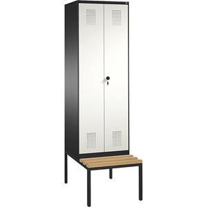 C+P EVOLO Garderobenschrank, zueinander schlagende Türen, mit Sitzbank, 2 Abteile, Abteilbreite 300 mm, schwarzgrau / reinweiß