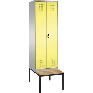 C+P EVOLO Garderobenschrank, zueinander schlagende Türen, mit Sitzbank, 2 Abteile, Abteilbreite 300 mm, weißaluminium / schwefelgelb