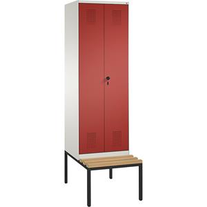 C+P EVOLO Garderobenschrank, zueinander schlagende Türen, mit Sitzbank, 2 Abteile, Abteilbreite 300 mm, reinweiß / feuerrot