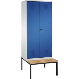 C+P EVOLO Garderobenschrank, zueinander schlagende Türen, mit Sitzbank, 2 Abteile, Abteilbreite 400 mm, lichtgrau / enzianblau