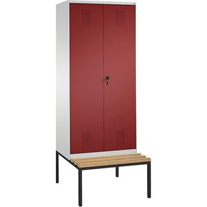 C+P EVOLO Garderobenschrank, zueinander schlagende Türen, mit Sitzbank, 2 Abteile, Abteilbreite 400 mm, lichtgrau / rubinrot