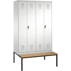 C+P EVOLO Garderobenschrank, zueinander schlagende Türen, mit Sitzbank, 4 Abteile, Abteilbreite 300 mm, lichtgrau
