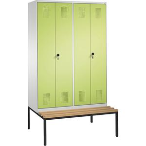 C+P EVOLO Garderobenschrank, zueinander schlagende Türen, mit Sitzbank, 4 Abteile, Abteilbreite 300 mm, lichtgrau / viridingrün