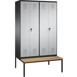 C+P EVOLO Garderobenschrank, zueinander schlagende Türen, mit Sitzbank, 4 Abteile, Abteilbreite 300 mm, schwarzgrau / weißaluminium