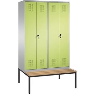 C+P EVOLO Garderobenschrank, zueinander schlagende Türen, mit Sitzbank, 4 Abteile, Abteilbreite 300 mm, weißaluminium / viridingrün