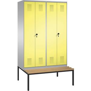 C+P EVOLO Garderobenschrank, zueinander schlagende Türen, mit Sitzbank, 4 Abteile, Abteilbreite 300 mm, weißaluminium / schwefelgelb