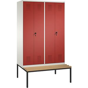 C+P EVOLO Garderobenschrank, zueinander schlagende Türen, mit Sitzbank, 4 Abteile, Abteilbreite 300 mm, reinweiß / feuerrot