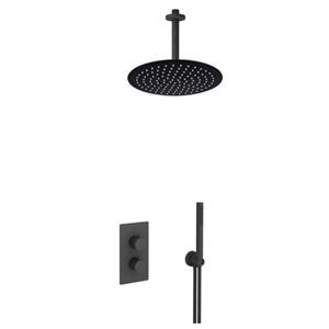 Fortifura Calvi Inbouw Regendoucheset - thermostatisch - plafondarm - 25cm hoofddouche - staaf handdouche - gladde doucheslang - mat zwart SW721167 SW377853 SW720553 SW542644 SW706210 SW496