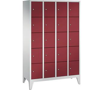 C+P CLASSIC Fächerschrank mit Füßen, 4 Abteile, je 5 Fächer, Abteilbreite 300 mm, lichtgrau / rubinrot