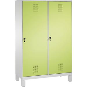 C+P EVOLO Garderobenschrank, Tür über 2 Abteile, mit Füßen, 4 Abteile, 2 Türen, Abteilbreite 300 mm, lichtgrau / viridingrün