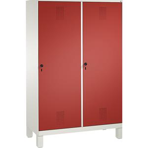 C+P EVOLO Garderobenschrank, Tür über 2 Abteile, mit Füßen, 4 Abteile, 2 Türen, Abteilbreite 300 mm, verkehrsweiß / feuerrot