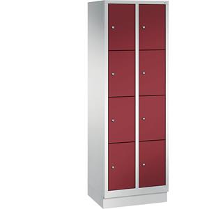 C+P CLASSIC Fächerschrank mit Sockel, 2 Abteile, je 4 Fächer, Abteilbreite 300 mm, lichtgrau / rubinrot