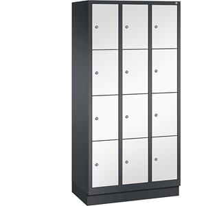 C+P CLASSIC Fächerschrank mit Sockel, 3 Abteile, je 4 Fächer, Abteilbreite 300 mm, schwarzgrau / verkehrsweiß