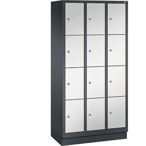 C+P CLASSIC Fächerschrank mit Sockel, 3 Abteile, je 4 Fächer, Abteilbreite 300 mm, schwarzgrau / lichtgrau