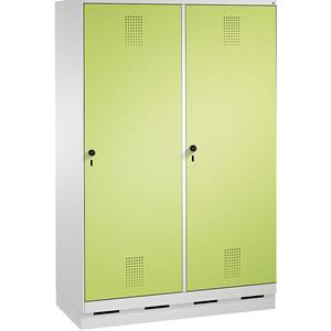 C+P EVOLO Garderobenschrank, Tür über 2 Abteile, mit Sockel, 4 Abteile, 2 Türen, Abteilbreite 300 mm, lichtgrau / viridingrün