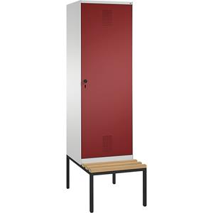 C+P EVOLO Garderobenschrank, mit Sitzbank, Tür über 2 Abteile, 2 Abteile, 1 Tür, Abteilbreite 300 mm, lichtgrau / rubinrot