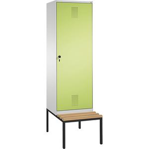 C+P EVOLO Garderobenschrank, mit Sitzbank, Tür über 2 Abteile, 2 Abteile, 1 Tür, Abteilbreite 300 mm, lichtgrau / viridingrün