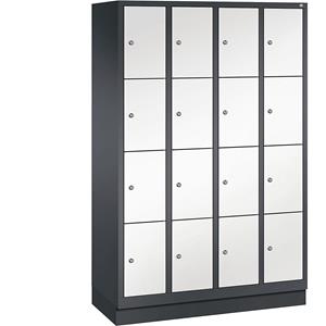 C+P CLASSIC Fächerschrank mit Sockel, 4 Abteile, je 4 Fächer, Abteilbreite 300 mm, schwarzgrau / verkehrsweiß